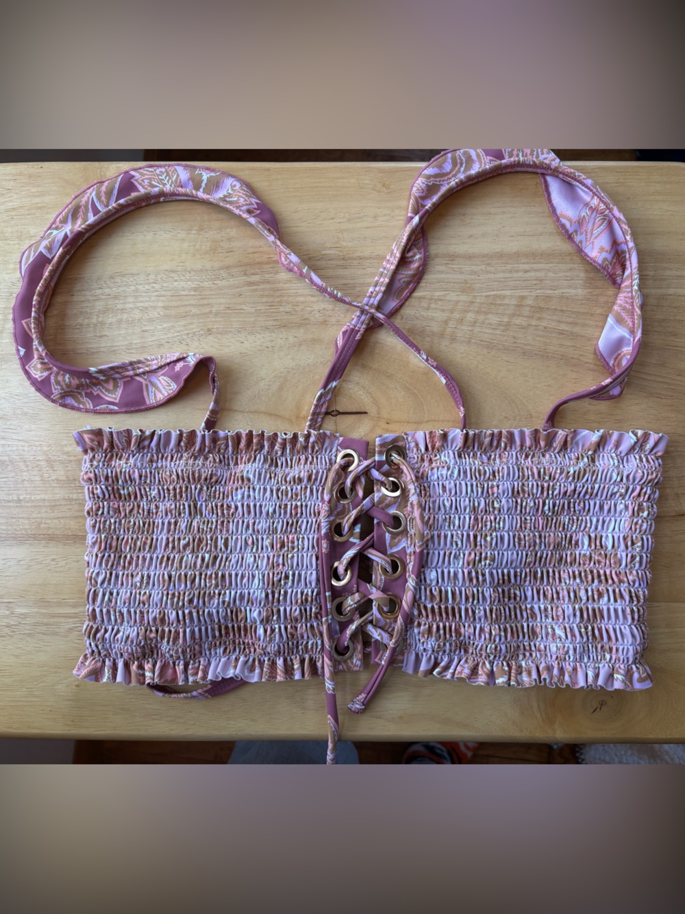 Power 2 the Flower Smocked Lace-Up Bandeau Bikini Top - Dusty Mauve